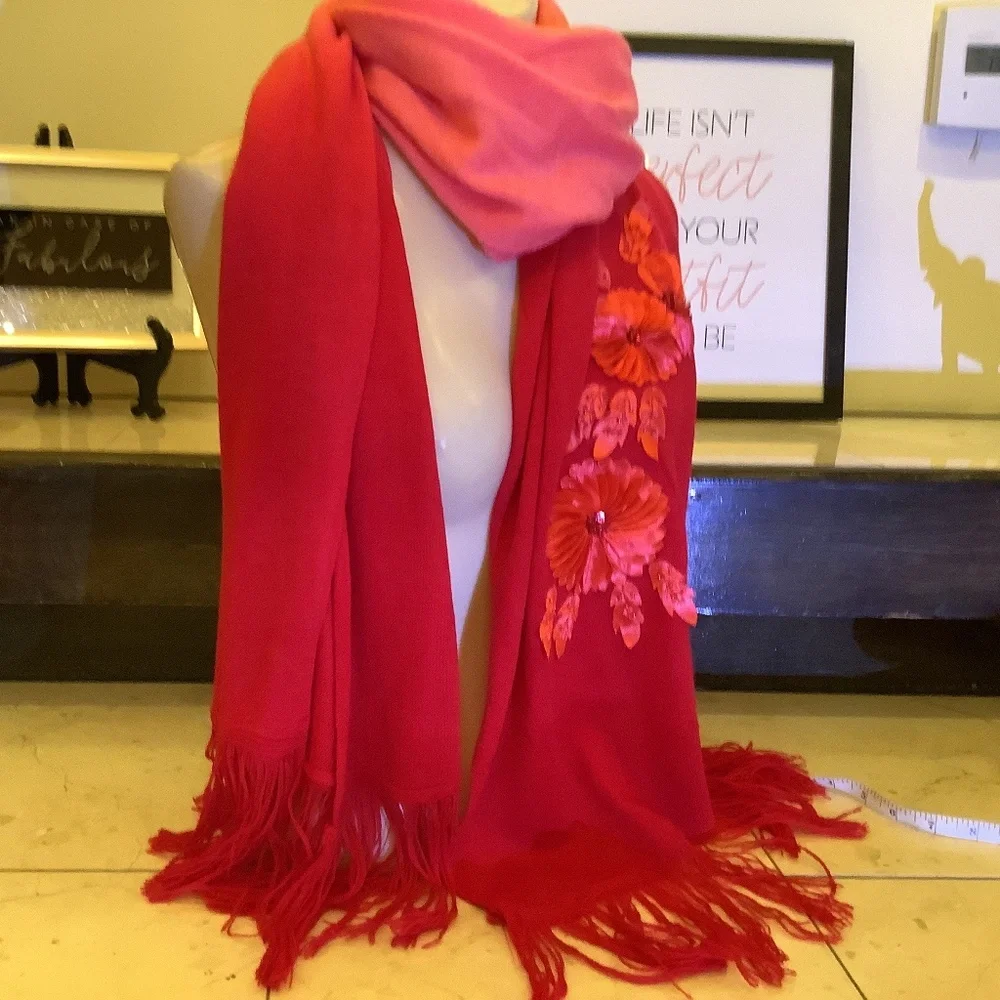 Beautiful ombré pink/red scarf wrap with fringe‎ valentines BOGO